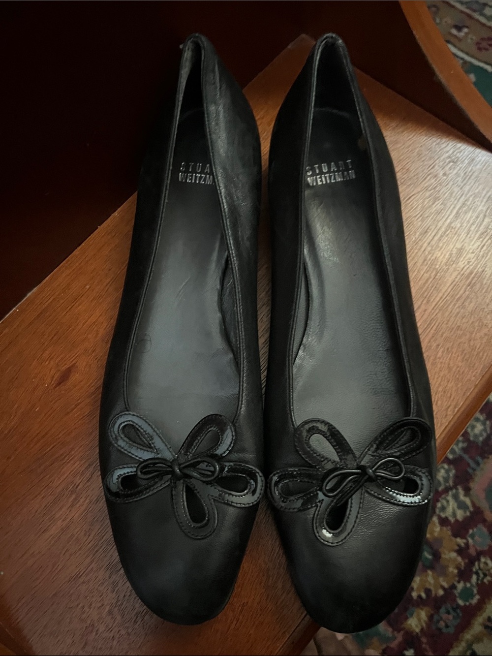 Stuart Weitzman Black Leather Bow Ballet Flats